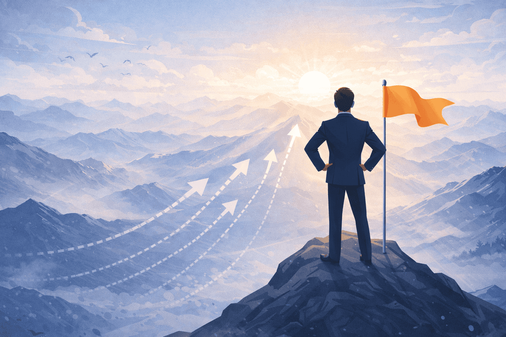 Leader at the top looking ahead — symbol of strategic vision.