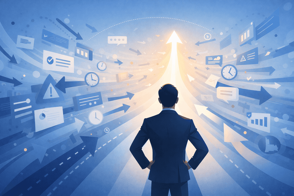 Лідер стоїть перед потоком хаотичних завдань і обирає один чіткий шлях уперед.