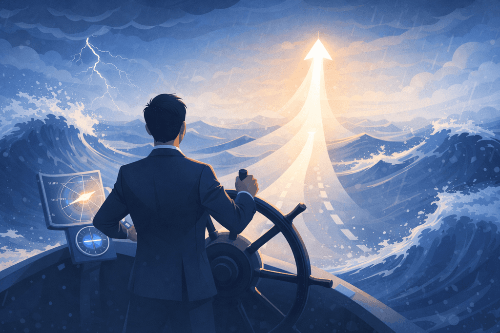 Лідер веде корабель у штормі за компасом — символ стратегії в невизначеності.