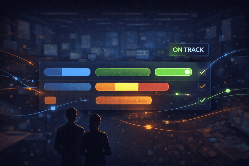 Продакшн-дашборд у студії: чиста система виконання з прогресом і маркером “on track”.