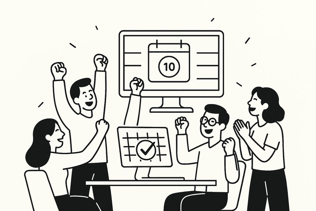 A team of game developers celebrates the successful release of a project completed on time thanks to effective planning in QPM.