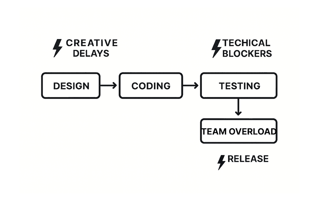 A diagram illustrating key stages of game development with highlighted risks that can affect deadlines: creative delays, technical blockers, and team overload.