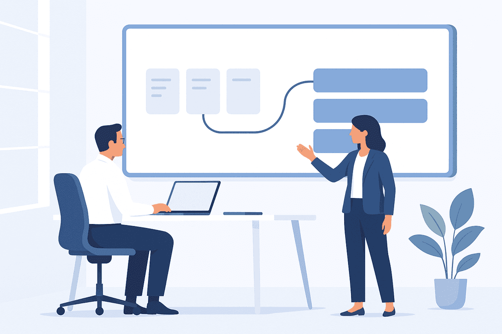 Фахівці обговорюють гібридне планування проєкту перед екраном із задачами та етапами.