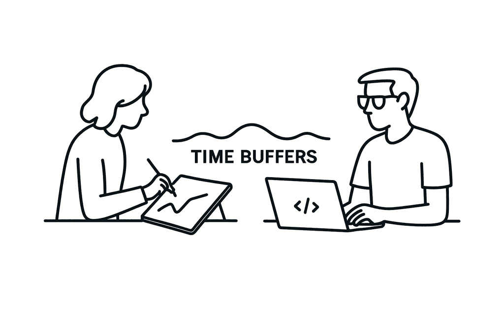 Ілюстрація, що символізує баланс між креативністю та структурою: художник і розробник працюють разом, плануючи буфери часу для завдань.