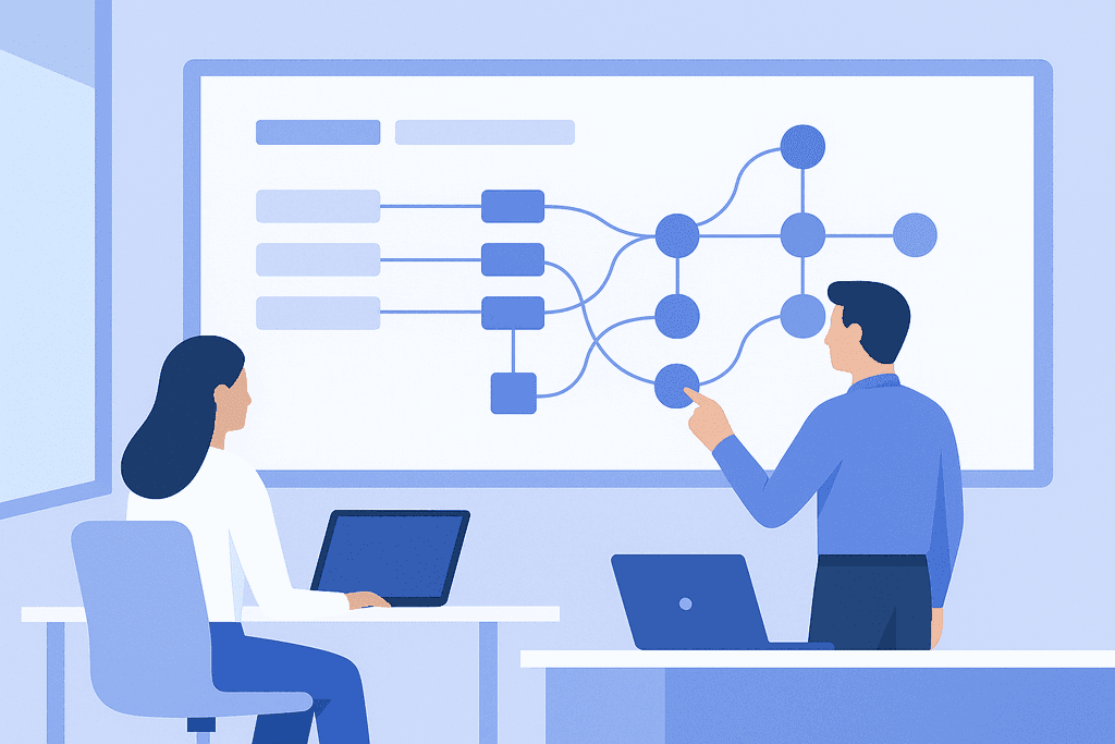 Двоє фахівців аналізують схему залежностей на великому екрані в сучасному офісі.