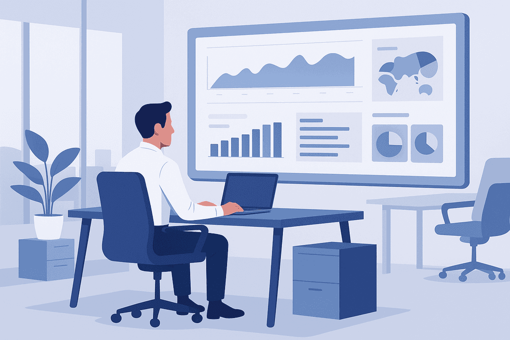 Фахівець працює за ноутбуком у сучасному офісі, аналізуючи дашборд із графіками на великому екрані.