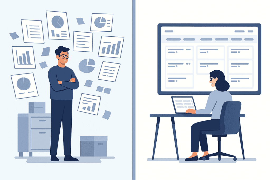 Порівняння хаотичного ручного управління проєктами з організованою роботою в сучасній цифровій платформі.