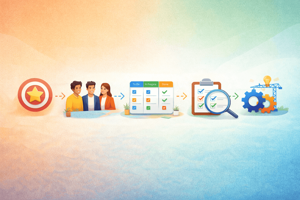 Іконки п’яти етапів управління проєктами, з’єднані в послідовну схему на світлому фоні.