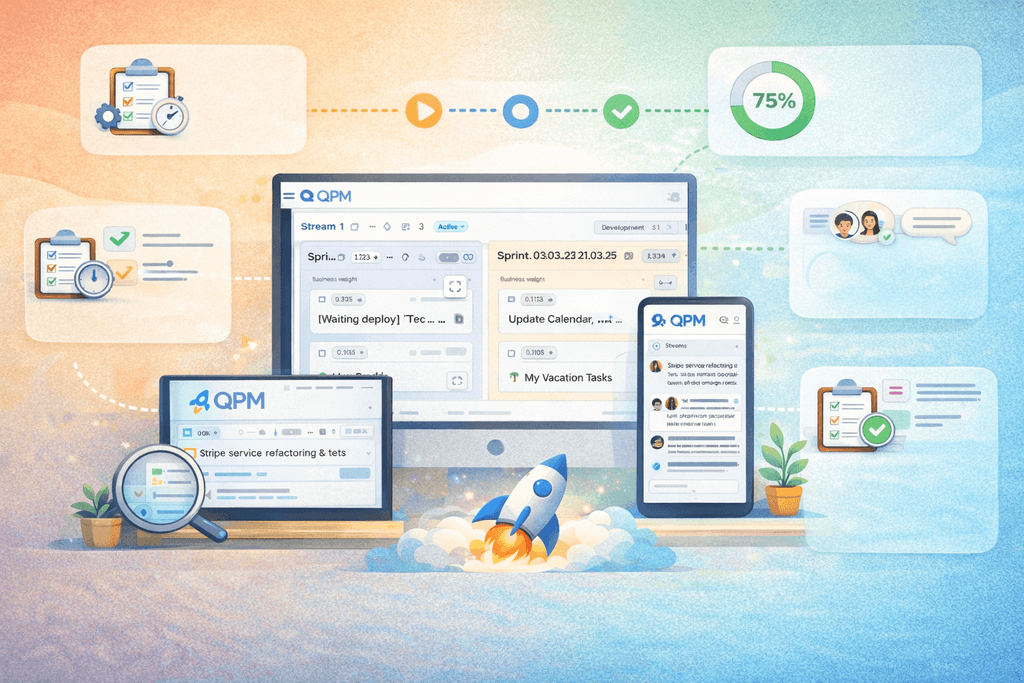 Центральний екран із QPM, планшет і смартфон показують інтерфейс задач та прогресу, навколо — іконки, що символізують функції проєктного менеджменту.