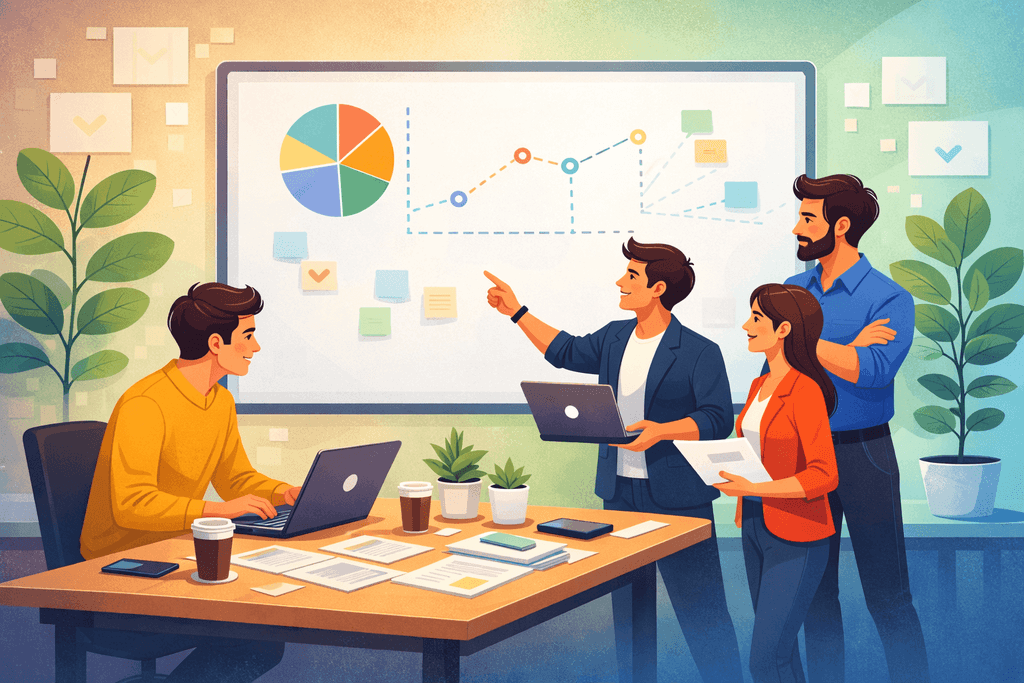 Команда стартапу обговорює графіки та аналітику на фоні дошки в сучасному офісі.