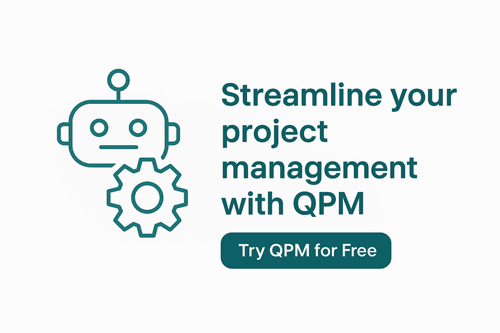 Minimalist QPM CTA banner with robot and gear icon, text reading 'Streamline your project management with QPM' and a button labeled 'Try QPM for Free'