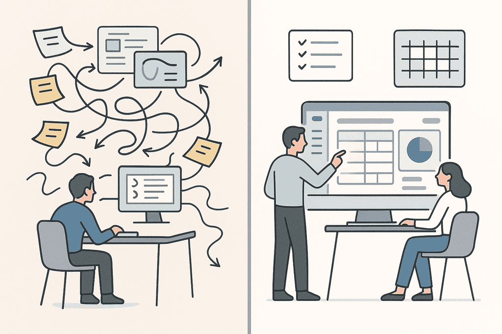 Мінімалістична двосценова ілюстрація: ліворуч — хаотичне робоче середовище з безліччю екранів і нотаток, праворуч — впорядкований цифровий простір із структурованими діаграмами, що символізує ефективність і порядок.