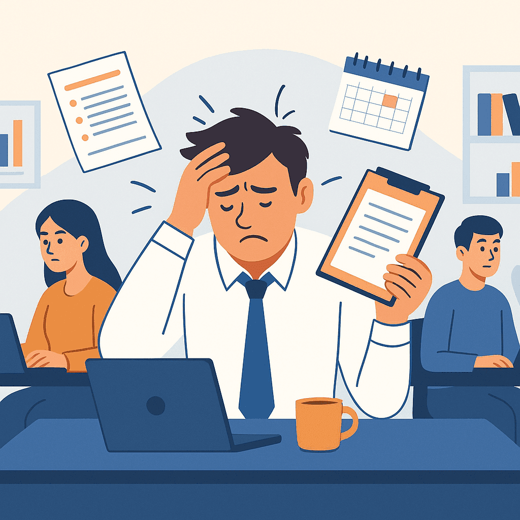 Перевантажений співробітник із багатьма задачами поруч із недовантаженими колегами, що символізує слабке управління ресурсами