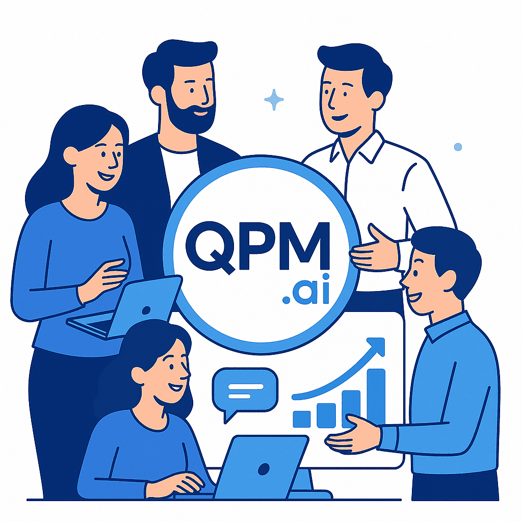 Плоска ілюстрація чотирьох професіоналів, які співпрацюють навколо центрального логотипа QPM.ai, що символізує командну роботу та управління проєктами в сучасному офісному середовищі.