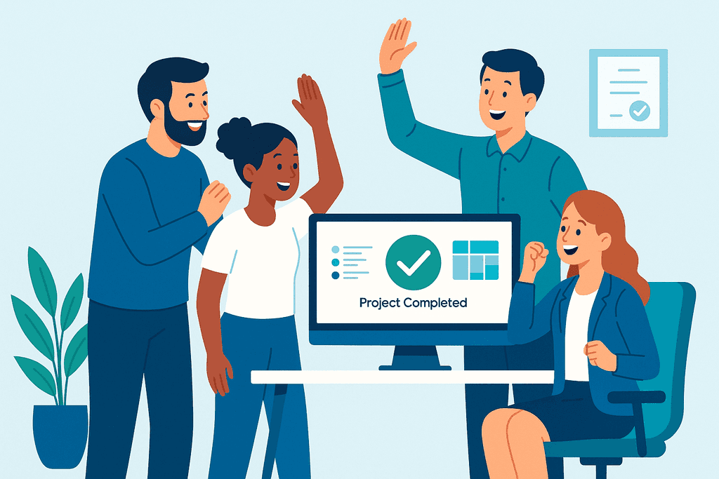 Плоска ілюстрація різноманітної офісної команди, що святкує успіх проєкту: усміхаються та дають п’ять перед екраном комп’ютера, на якому зображена зелена позначка з текстом «Проєкт завершено».