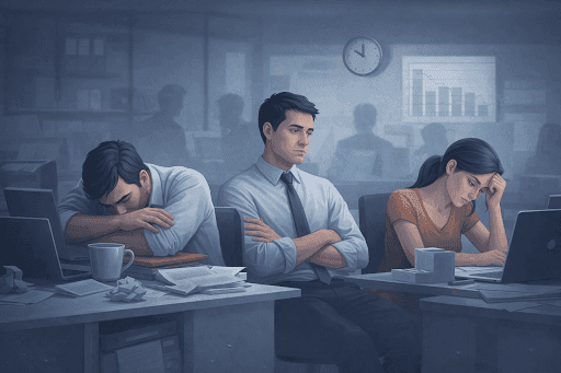 Виснажена офісна команда з ознаками вигорання та спадом продуктивності на фоні.
