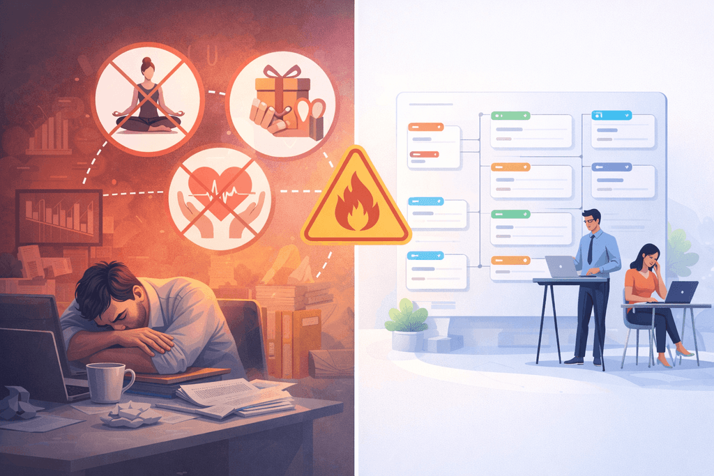 Порівняння: зліва — вигорання та перевантаження, справа — впорядкована робота команди завдяки системному плануванню.