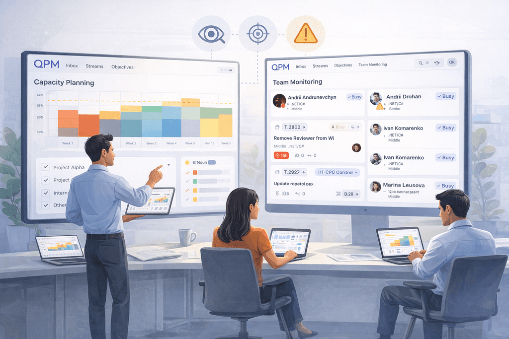 Управління ресурсами команди: менеджери аналізують capacity planning і завантаження співробітників у сучасному офісному середовищі.