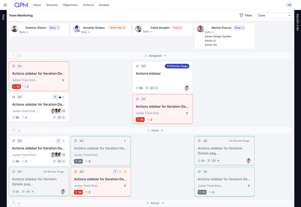  Інтерфейс QPM Team Monitoring із відображенням навантаження команди, статусів задач і перевантажених елементів у реальному часі.